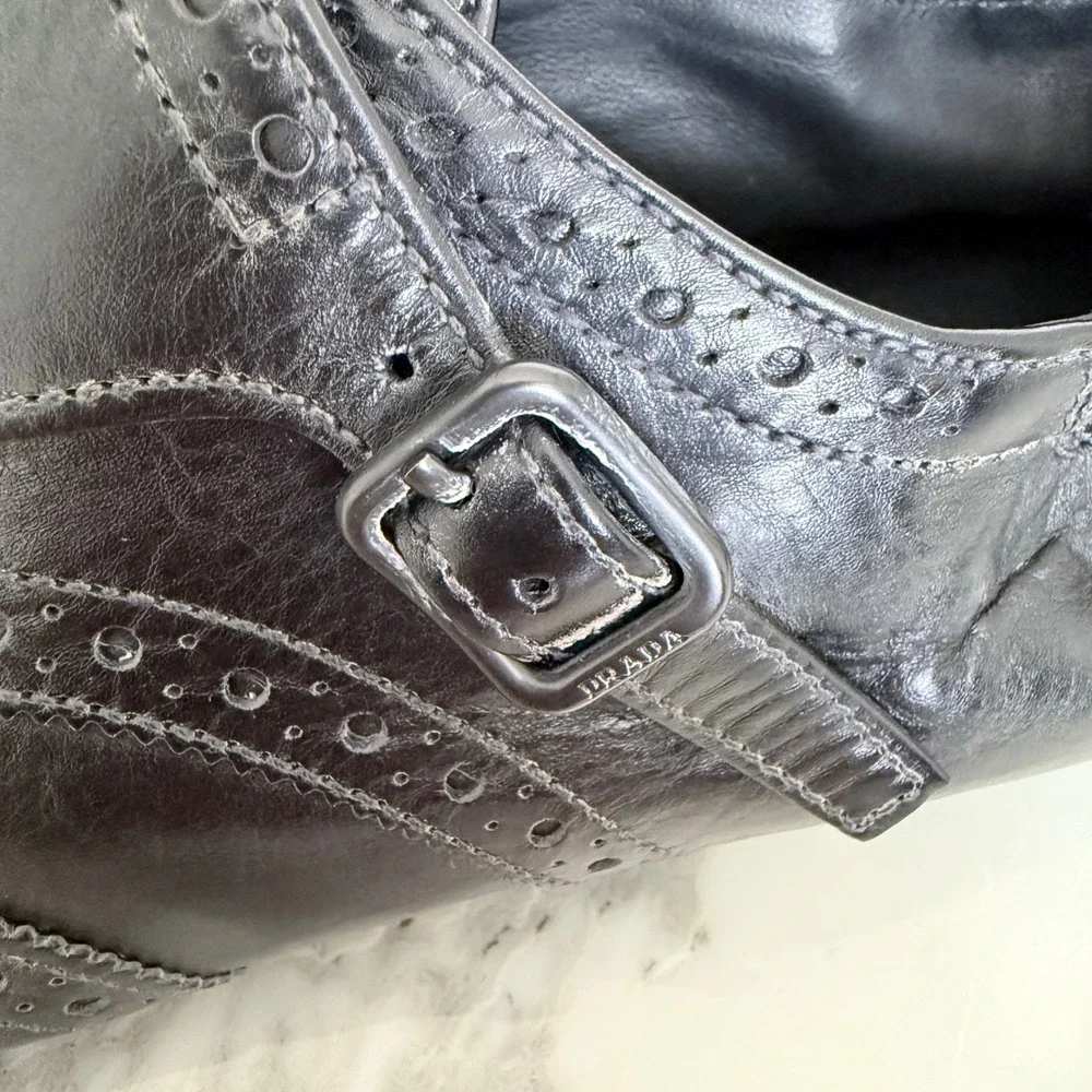 Prada 2EG469‎ Mens Leather Double Monk Strap Wingtip Shoes Grey Black UK 11